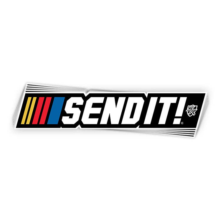 Rectangular vinyl sticker with bold text that reads "SEND IT!" in uppercase white letters, outlined in black. To the left of the text, red, yellow, and blue stripes resembling racing graphics add a dynamic, high-energy touch. The design also features a small stylized emblem in the bottom right corner, set against a gradient-lined background, emphasizing a sporty and adventurous theme.