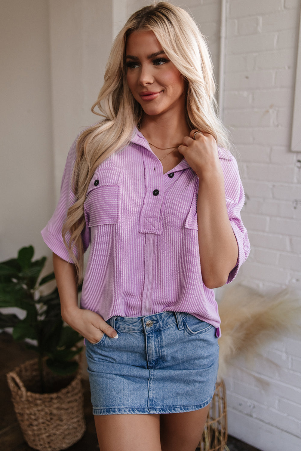 Corded Buttoned Short Sleeve Top
