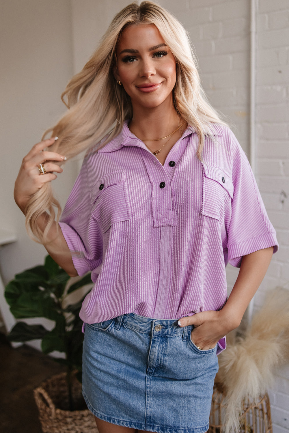 Corded Buttoned Short Sleeve Top