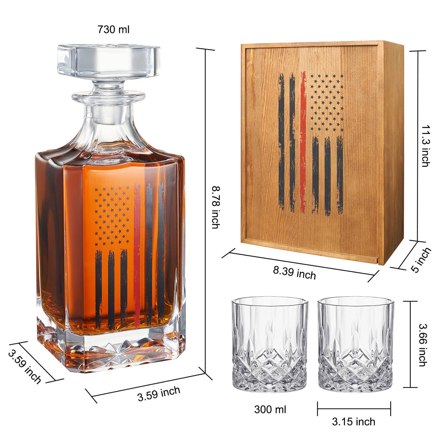Detailed whiskey decanter set with dimensions: 730 ml decanter, 300 ml glasses, and a wooden storage box with a patriotic American flag design. Perfect for gifting or personal use.