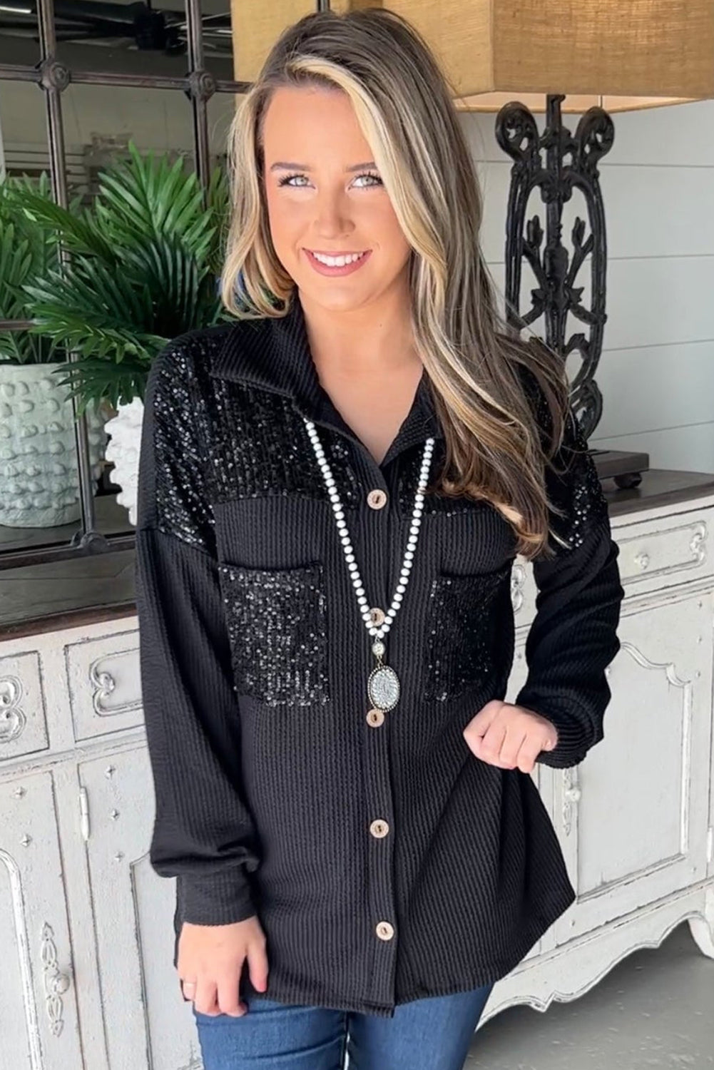 Black Sequin Corded Shacket
