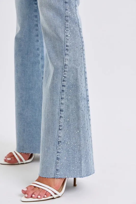 Judy Blue rhinestone flare jeans, Mid rise jeans, Rhinestone jeans, Country concert flare jeans, Judy Blue flare jeans for women, Sparkle jeans for country concert, Flare jeans with rhinestones, Western glam jeans, Festival denim, Jeans to wear with cowboy boots, Tummy Control Jeans