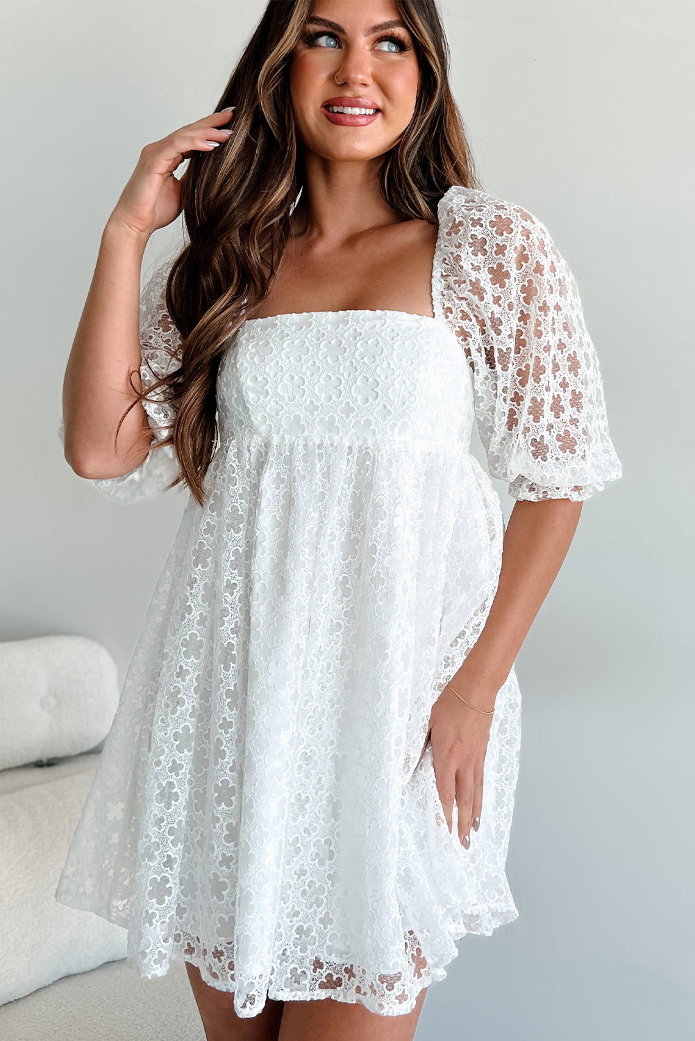 Lace Puff Sleeve Empire Waist Mini Dress