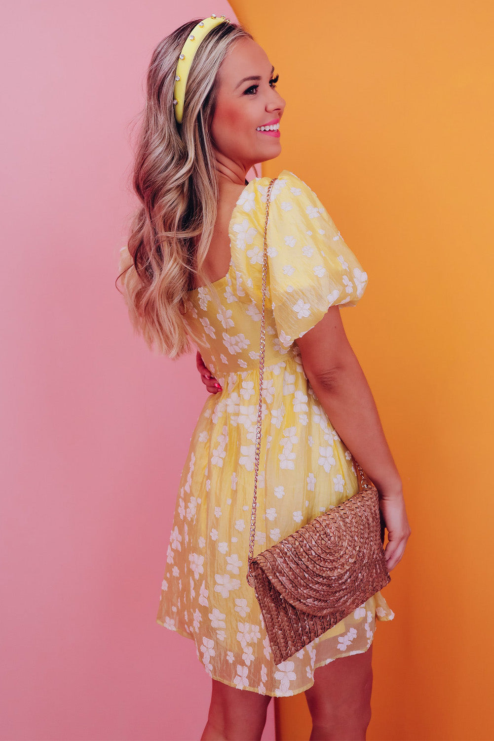 Yellow Flower Puff Sleeve Mini Dress