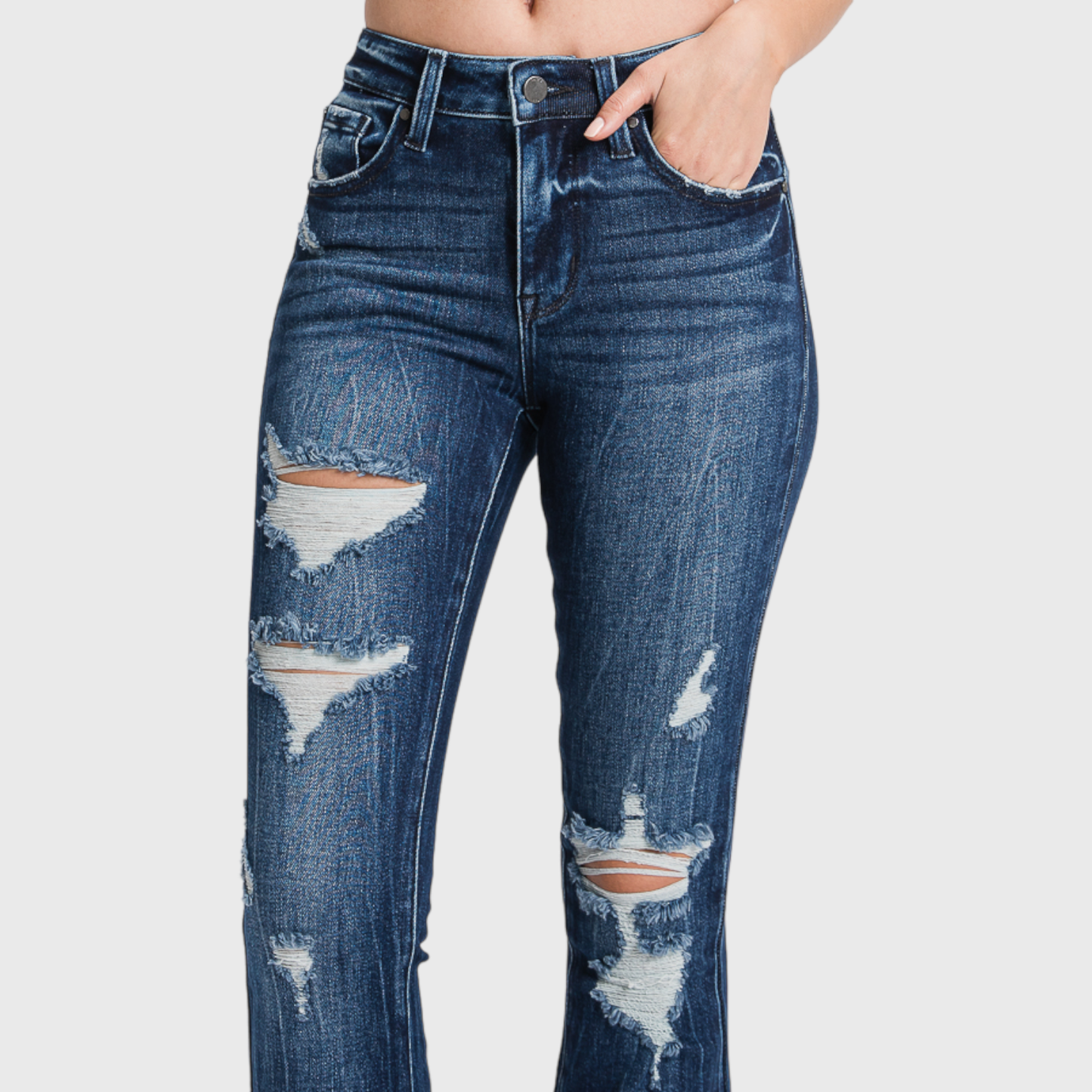 Distressed mid-rise flare jeans with 34-inch inseam, trendy women’s flare jeans, stylish high-waisted jeans with distressed detailing, comfortable and flattering fit, perfect for casual outfits or dressing up, wide-leg flare denim