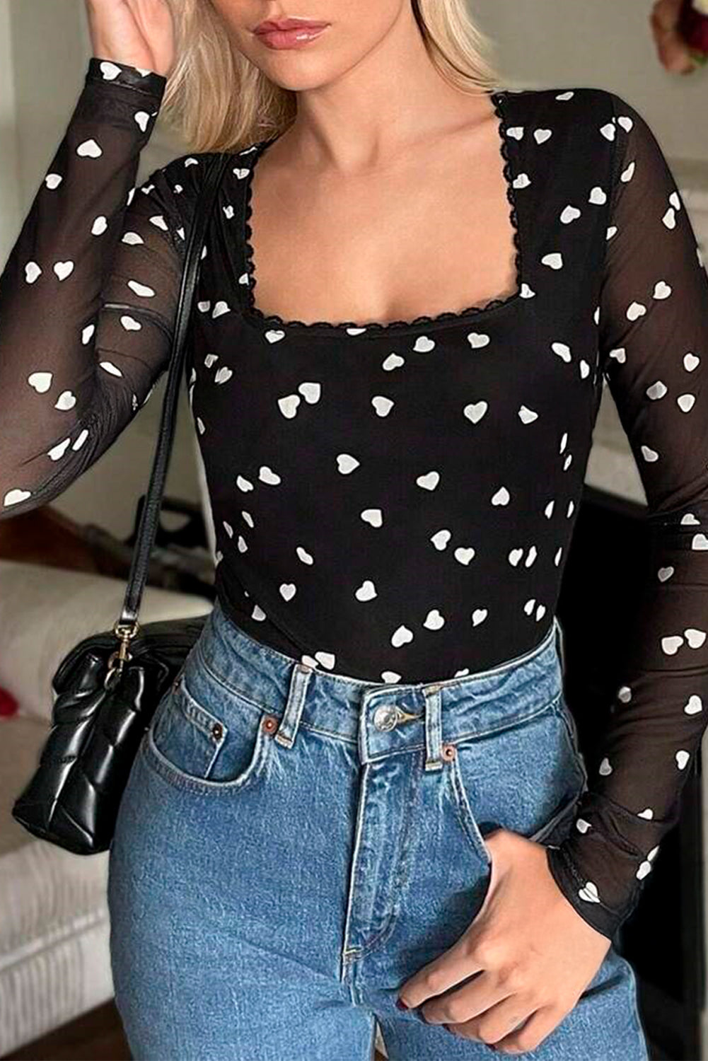 Black Heart Print Mesh Bodysuit