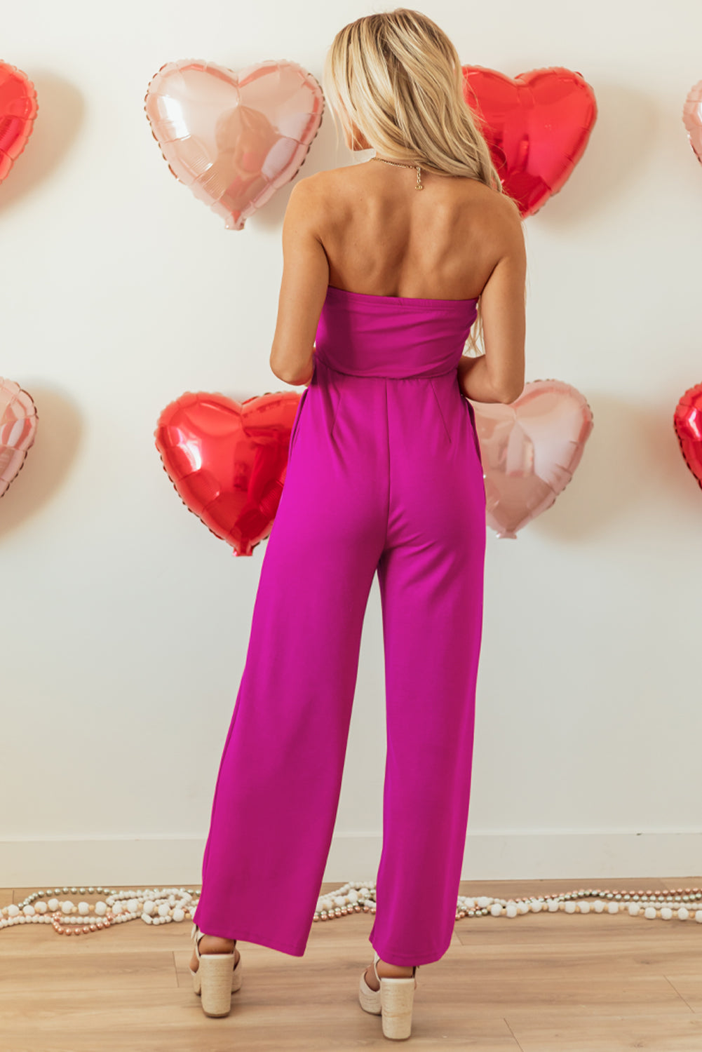 Bright Pink Bow Strapless Wide Leg Jumpsuit