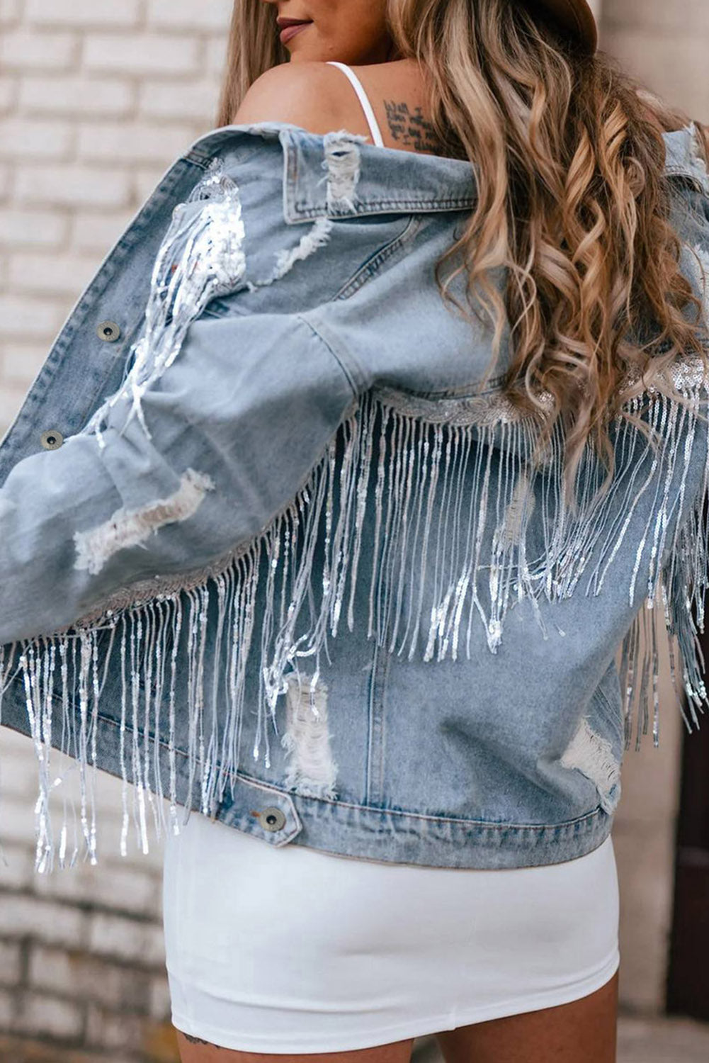 Sequin Fringe Distressed Denim Jacket