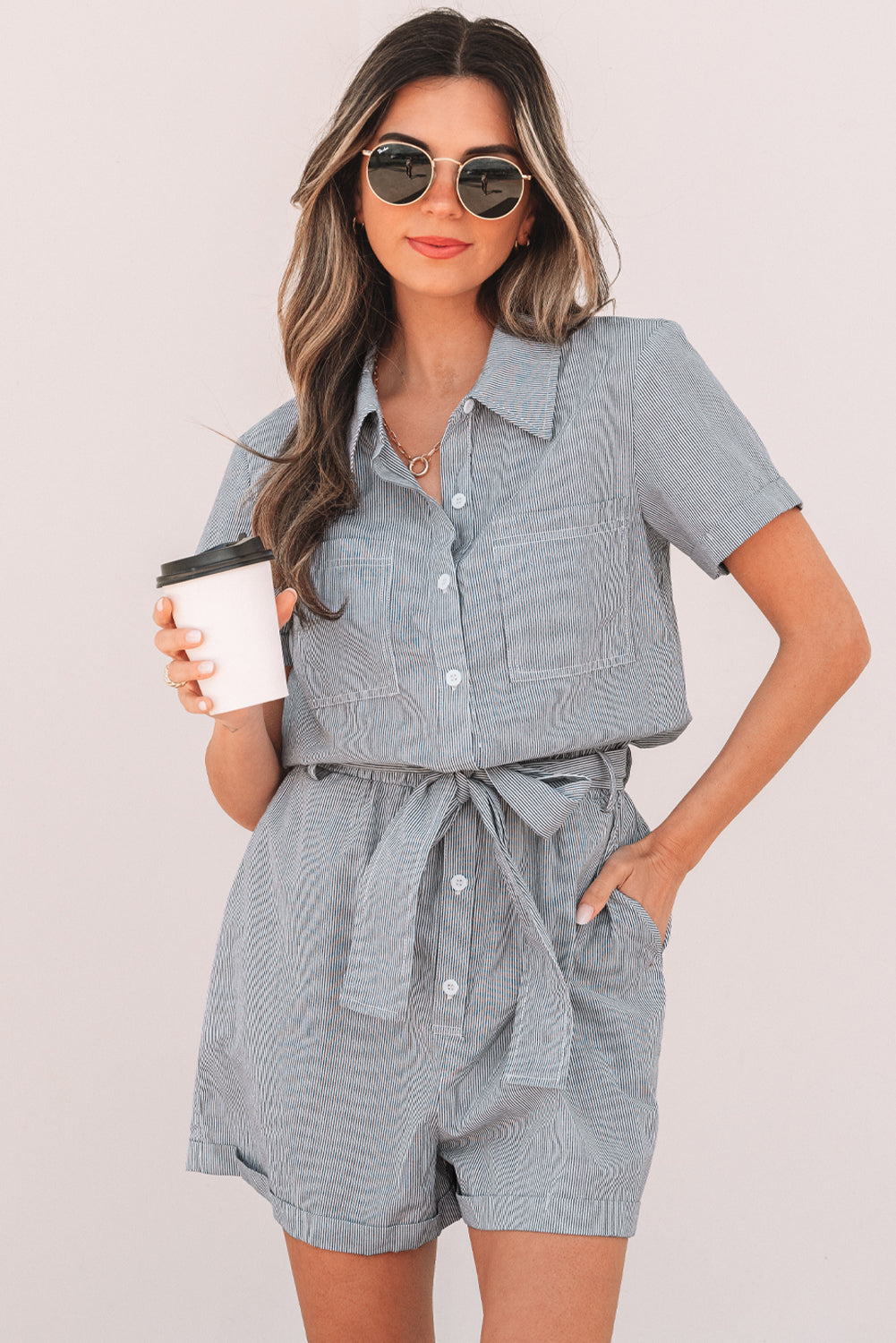 Blue Stripe Buttoned High Waist Romper