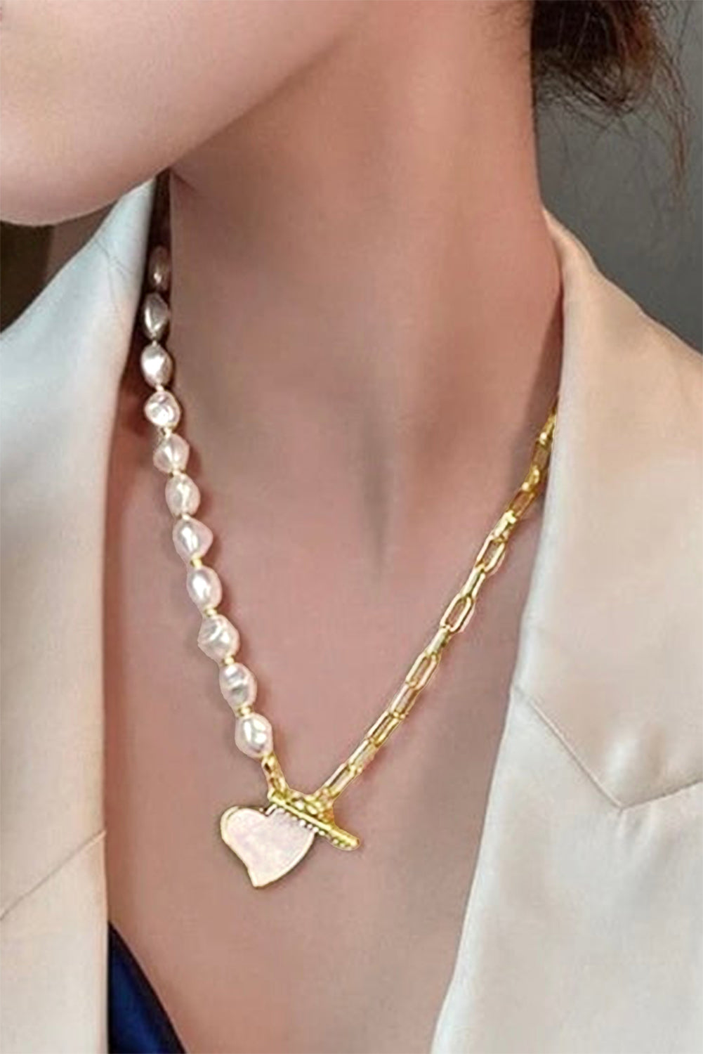 Gold Heart Pendant & Pearl Chain Necklace