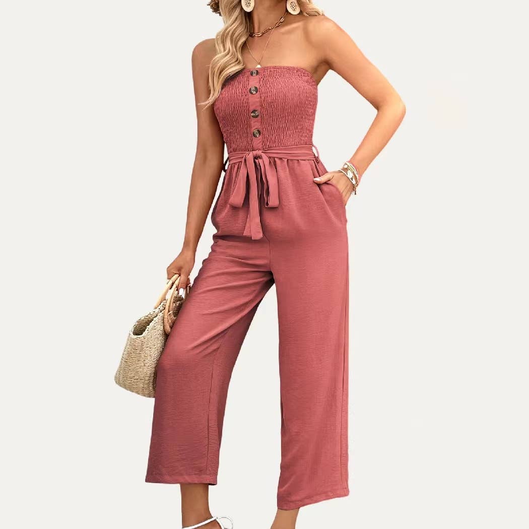 "Strapless Button-Front Jumpsuit – Smocked Bodice with Tie-Waist and Wide-Leg Design, Perfect for Casual Summer Outings"