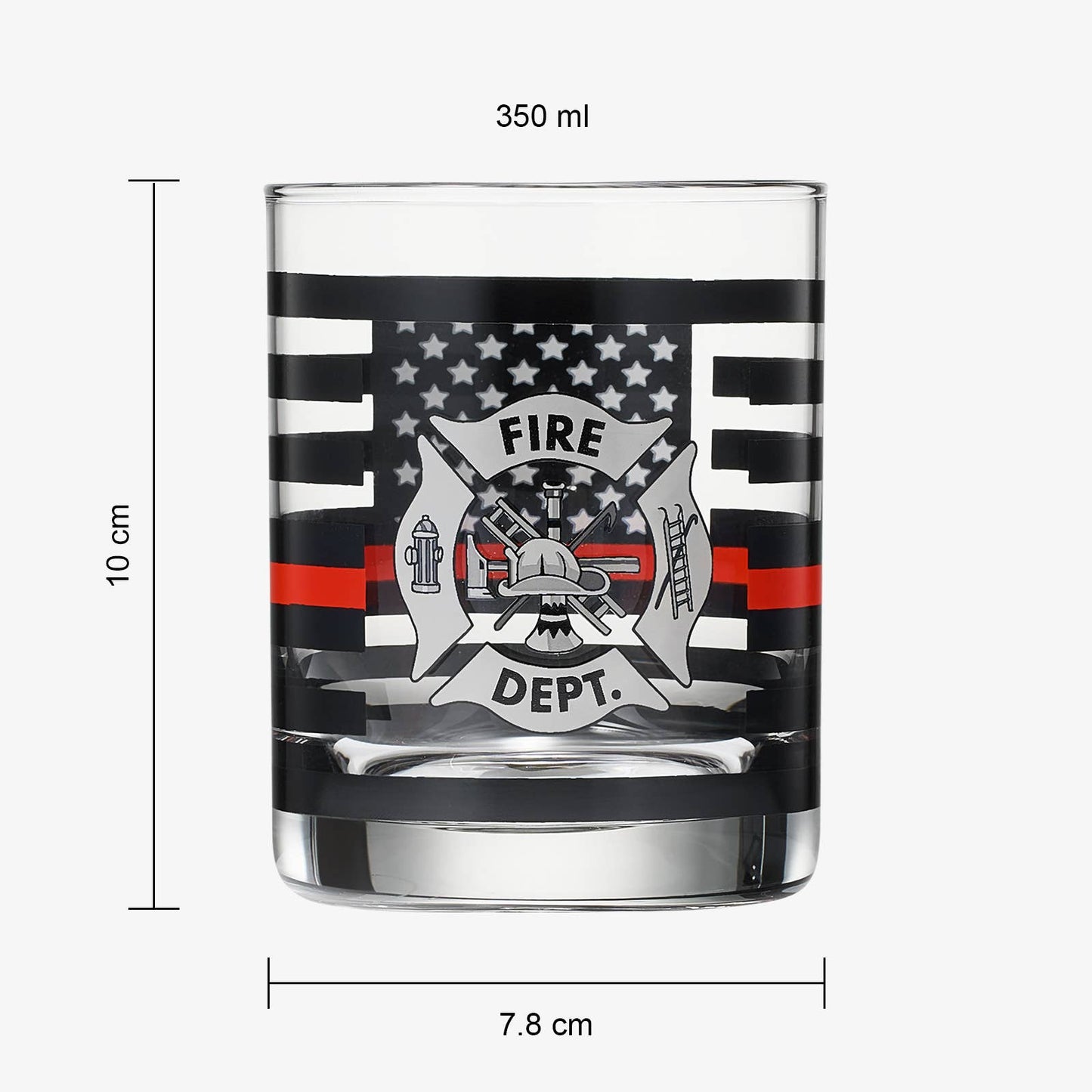 Firefighter-themed whiskey glass with a 350 ml capacity, featuring a bold black-and-white American flag design with a red line and a "FIRE DEPT." emblem in the center. Dimensions: 10 cm tall and 7.8 cm wide. Perfect for honoring firefighters or as a unique gift.
