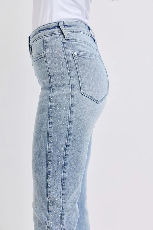 Judy Blue rhinestone flare jeans, Mid rise jeans, Rhinestone jeans, Country concert flare jeans, Judy Blue flare jeans for women, Sparkle jeans for country concert, Flare jeans with rhinestones, Western glam jeans, Festival denim, Jeans to wear with cowboy boots, Tummy Control Jeans