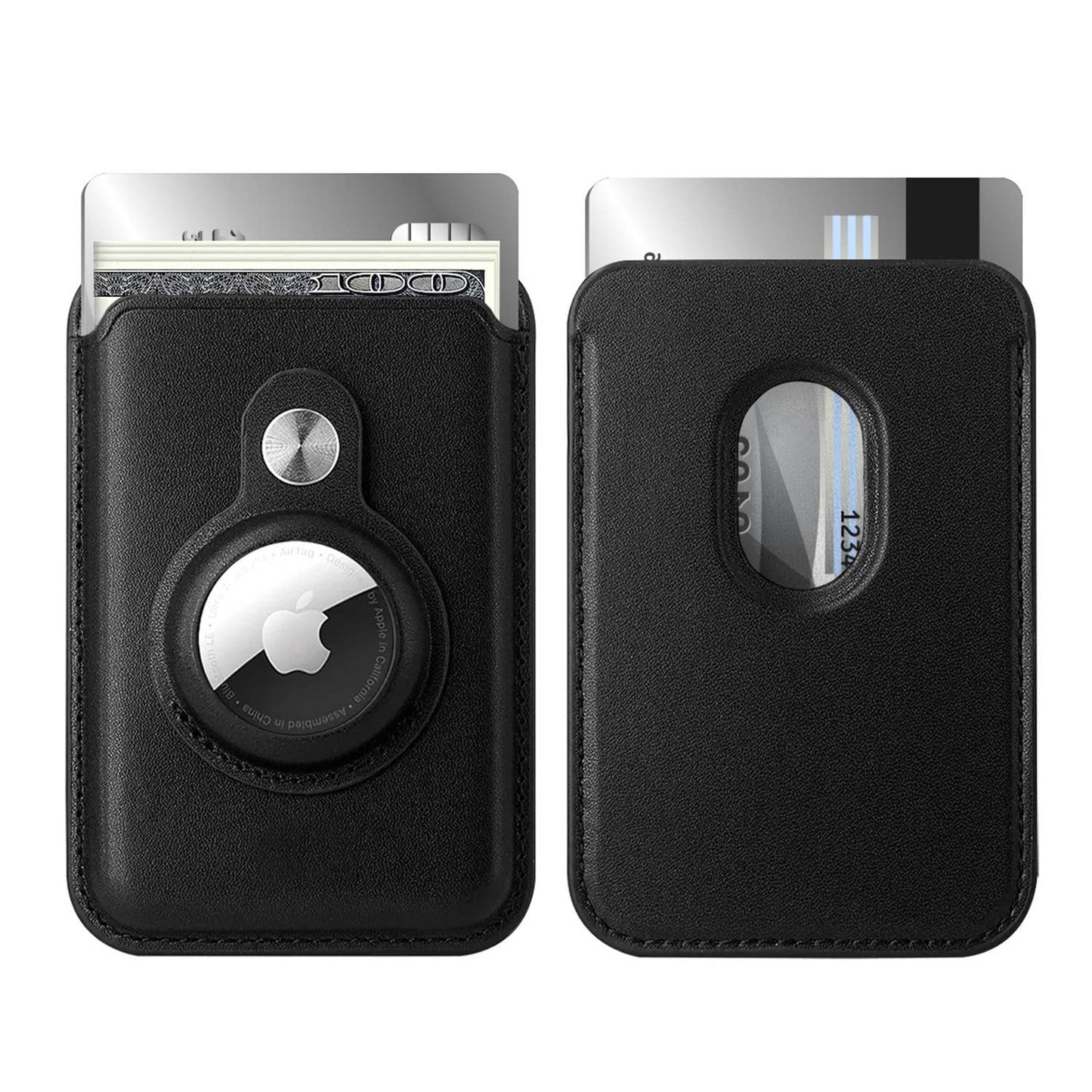 A sleek black leather wallet designed to hold credit cards, cash, and an Apple AirTag. The front features a secure AirTag slot with a stylish metallic button, while the back has a transparent window for easy card visibility. Compact and functional, this wallet is perfect for tracking and organizing essentials in a minimalist style. Ideal for tech-savvy and fashion-conscious users.