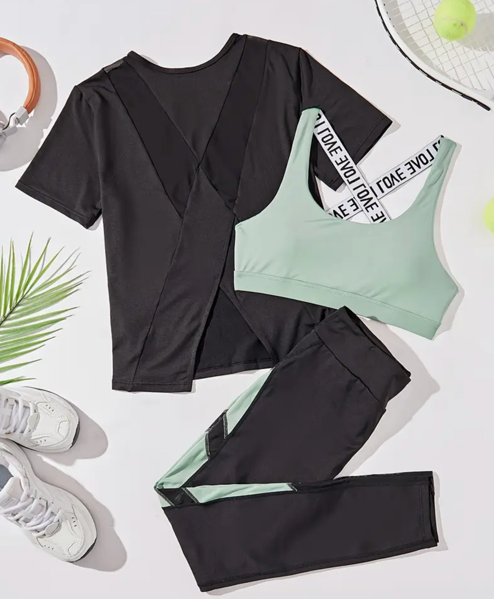 Mint yoga set, seamless activewear, sports bra and leggings set, short sleeve workout top, trendy gym outfit, pastel activewear, squat-proof leggings, high-waisted leggings, breathable sportswear, comfortable fitness set, yoga outfit for women, stylish workout clothes, moisture-wicking fabric, gym-ready ensemble, matching workout set, soft and stretchy activewear, performance leggings, athleisure fashion, supportive sports bra, everyday activewear.