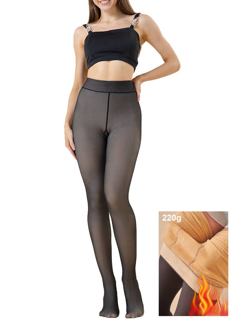Image of footed fleece-lined tights designed to look translucent while providing full, cozy coverage. These tights have a unique "fake translucent" effect, giving the illusion of sheer fabric while concealing a warm, soft fleece lining underneath. The footed design and skin-toned appearance make them perfect for pairing with dresses, skirts, and shorts, achieving a stylish look without sacrificing warmth.