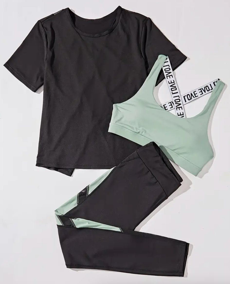 Mint yoga set, seamless activewear, sports bra and leggings set, short sleeve workout top, trendy gym outfit, pastel activewear, squat-proof leggings, high-waisted leggings, breathable sportswear, comfortable fitness set, yoga outfit for women, stylish workout clothes, moisture-wicking fabric, gym-ready ensemble, matching workout set, soft and stretchy activewear, performance leggings, athleisure fashion, supportive sports bra, everyday activewear.