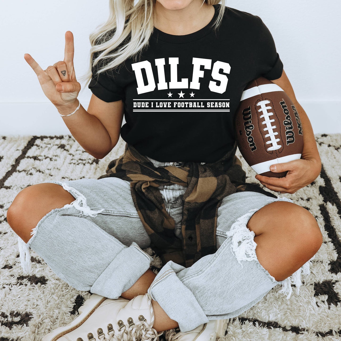 DILFS 'Dude I Love Football Season' graphic tee, funny football-themed shirt for men, casual graphic t-shirt for football fans, sporty and humorous football season apparel, perfect for game day or casual wear