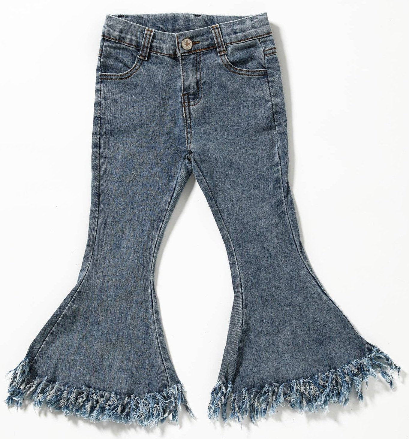 Trendy raw hem light wash flare bell-bottom jeans for kids and toddlers, featuring an adjustable waist for a comfortable fit. Perfect for stylish little ones, these denim jeans offer a retro-inspired look with modern comfort. Great for everyday wear, family outings, or casual events