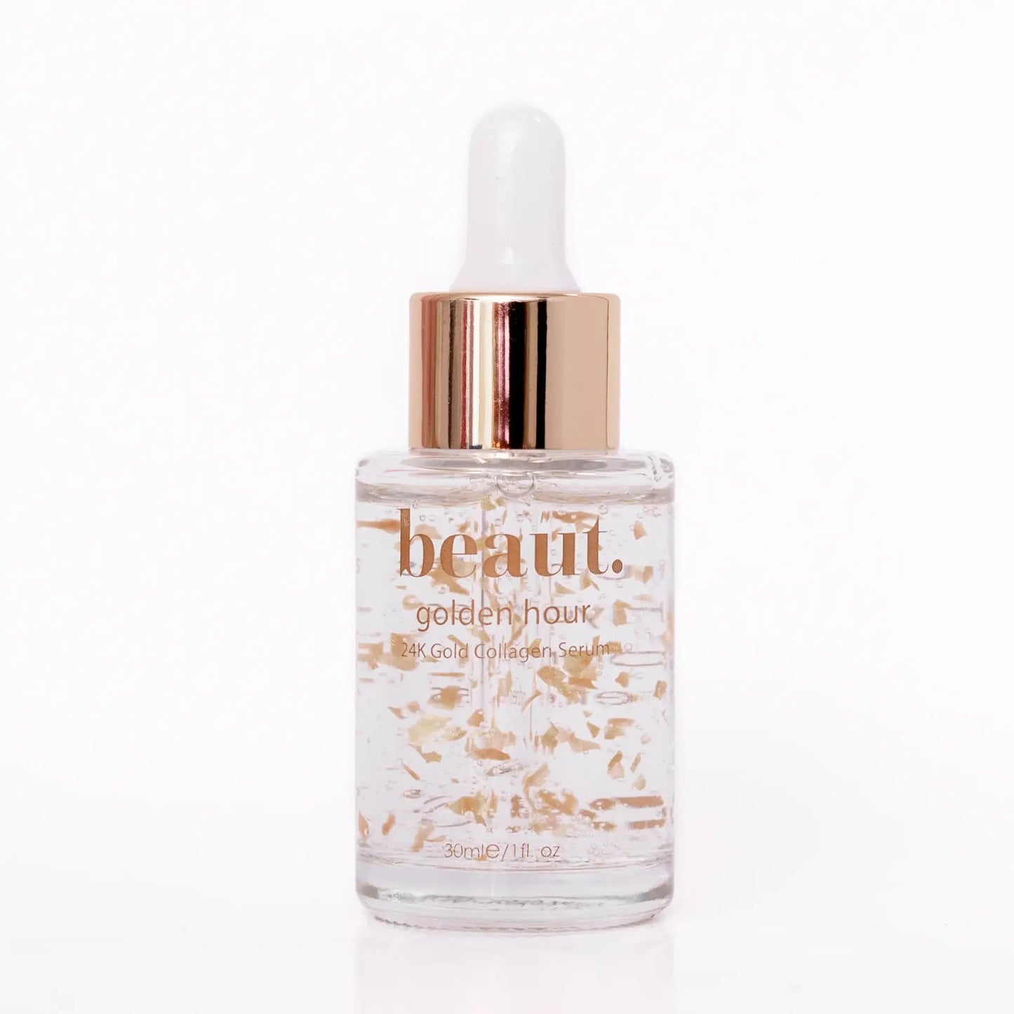 Beaut. Golden Hour 24K Gold Collagen Serum in a glass bottle with visible gold flakes, topped with a white and rose gold dropper cap. Perfect for anti-aging and skin hydration in a premium skincare routine.