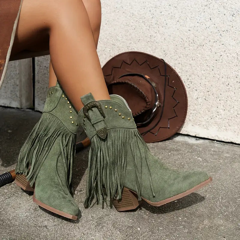 Pointed toe western tassel cowboy boots, trendy cowgirl boots, fringe cowboy boots, western-style boots, country concert boots, knee-high cowboy boots, statement western footwear, festival-ready boots, classic cowboy boot design, stylish western fashion, cowgirl-inspired outfit, tassel detail boots, vintage western boots, country-chic footwear, rugged yet stylish boots, versatile cowboy boots, must-have fall boots, rodeo fashion, modern western trend, durable and comfortable boots