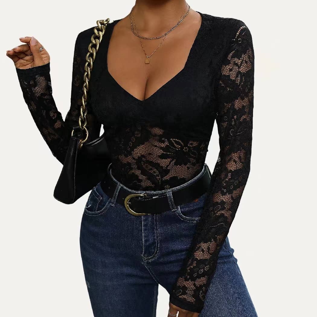 Elegant lace long sleeve bodysuit for women, featuring intricate lace detailing and a fitted silhouette for a chic, feminine look. Perfect for nights out, date nights, or special occasions, this lace bodysuit offers a flattering, comfortable fit with snap closure for easy wear. Ideal for pairing with jeans, skirts, or dress pants, this stylish bodysuit adds sophistication and allure to any outfit. Available in multiple sizes, this long sleeve lace bodysuit is a must-have for fashion-forward women