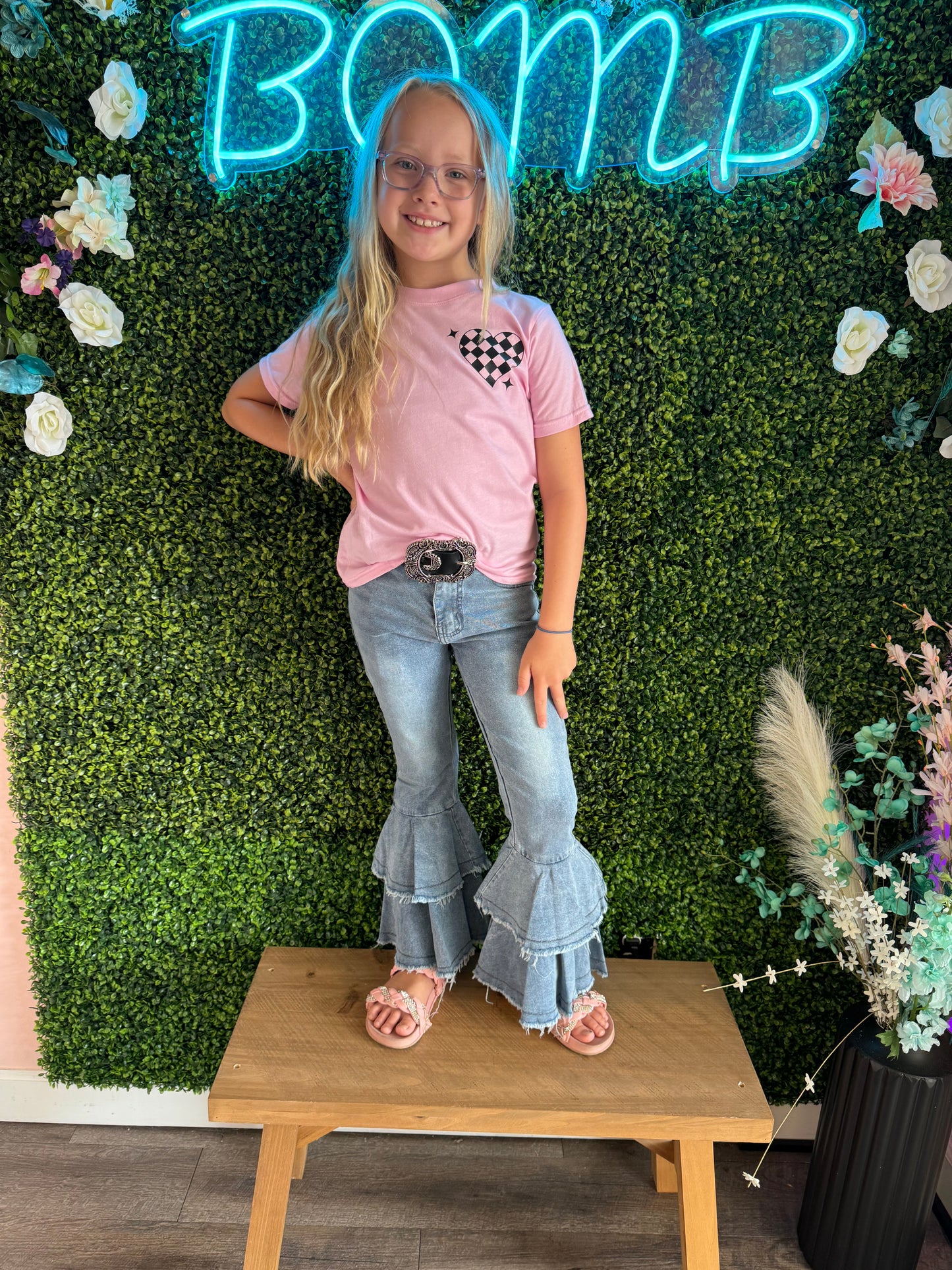 Stylish double-layer bell-bottom jeans for kids, featuring a flared design with layered denim detail, perfect for trendy and comfortable everyday wear or special occasions