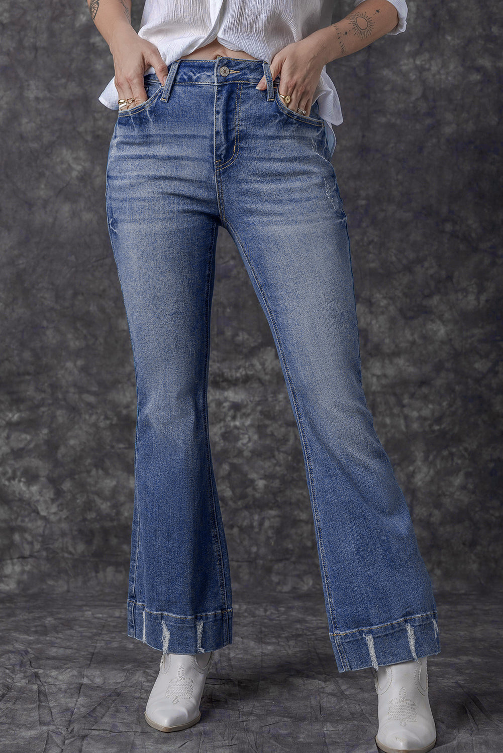 Slight Distressed Medium Wash Flare Jeans
