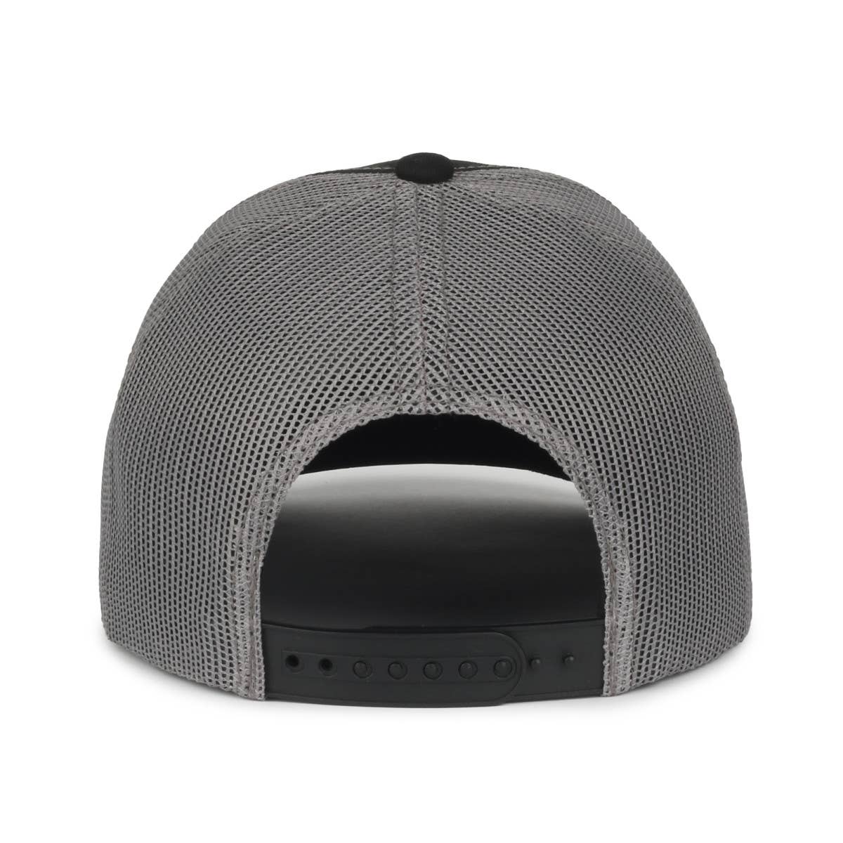 A black and gray trucker hat with a patch featuring a whimsical design of Bigfoot, an alien, and the Loch Ness Monster in a moonlit lake. The words "Something's Fishy" are embroidered in light green below the illustration. The hat has green trim along the front edge.