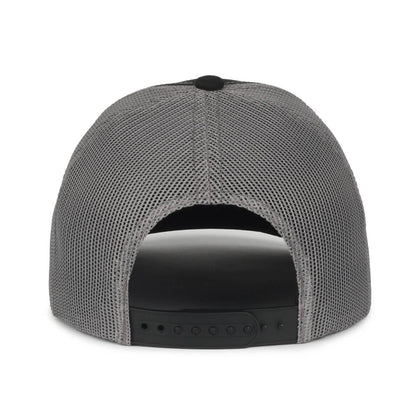 A black and gray trucker hat with a patch featuring a whimsical design of Bigfoot, an alien, and the Loch Ness Monster in a moonlit lake. The words "Something's Fishy" are embroidered in light green below the illustration. The hat has green trim along the front edge.