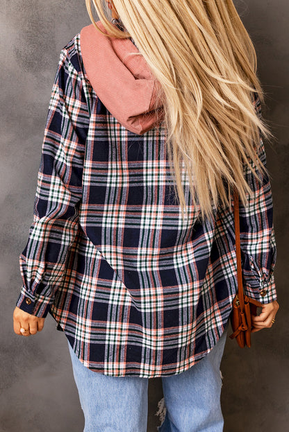 Contrast hooded drawstring plaid button-up top spring 2025, trendy plaid shirt with hood, stylish and casual layering piece, button-up checkered top, relaxed fit flannel hoodie, lightweight and breathable fabric, versatile street style fashion, cozy yet edgy plaid jacket, must-have spring wardrobe essential, modern and casual outerwear, timeless checkered pattern, effortlessly stylish plaid hoodie, comfortable and laid-back fit, perfect for layering, everyday fashion staple, soft and warm spring outfit