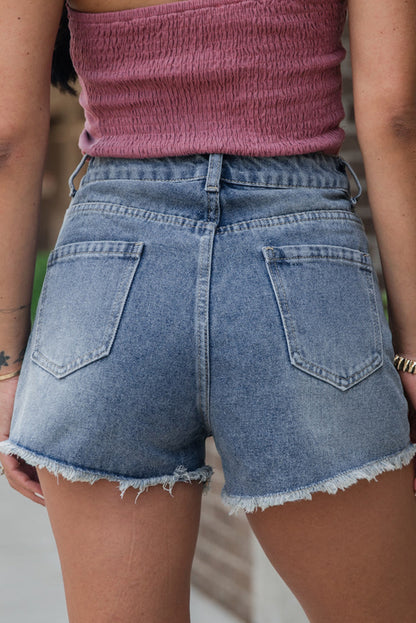 Pearl Beaded Raw Hem Denim Shorts