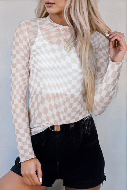 Checkered Pattern Mesh Long Sleeve Top
