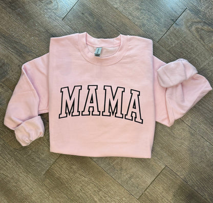 Stylish Mama crewneck sweatshirt for women, featuring a comfortable and relaxed fit with a bold 'Mama' graphic design. Perfect for casual wear or lounging, this soft sweatshirt offers warmth and cozy comfort. Made from high-quality fabric, it pairs effortlessly with jeans, leggings, or shorts for an easy, chic look. Available in various sizes and colors, this crewneck sweatshirt is a must-have for moms looking for both comfort and style in their everyday wardrobe
