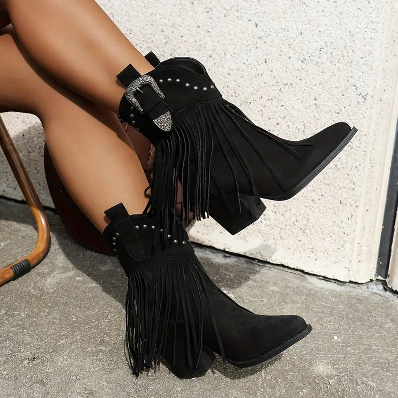 Pointed toe western tassel cowboy boots, trendy cowgirl boots, fringe cowboy boots, western-style boots, country concert boots, knee-high cowboy boots, statement western footwear, festival-ready boots, classic cowboy boot design, stylish western fashion, cowgirl-inspired outfit, tassel detail boots, vintage western boots, country-chic footwear, rugged yet stylish boots, versatile cowboy boots, must-have fall boots, rodeo fashion, modern western trend, durable and comfortable boots