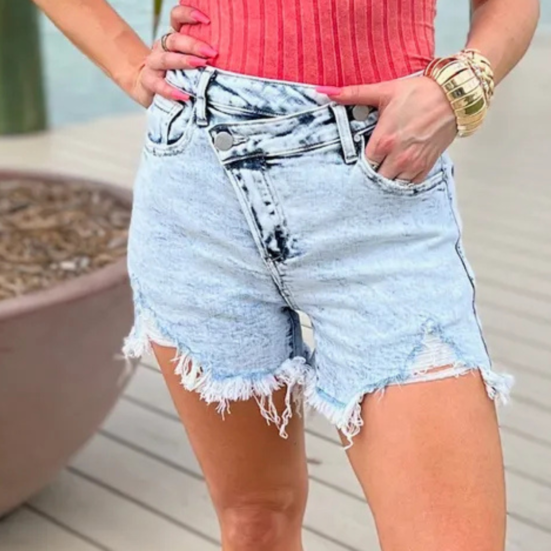 Raw Hem Crossed Buttoned Denim Shorts