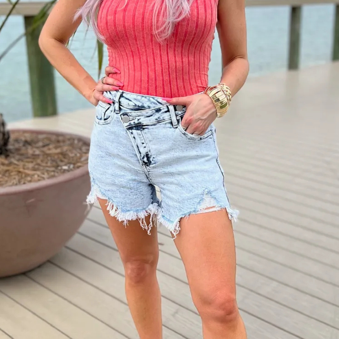 Raw Hem Crossed Buttoned Denim Shorts