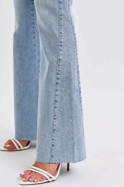 Judy Blue rhinestone flare jeans, Mid rise jeans, Rhinestone jeans, Country concert flare jeans, Judy Blue flare jeans for women, Sparkle jeans for country concert, Flare jeans with rhinestones, Western glam jeans, Festival denim, Jeans to wear with cowboy boots, Tummy Control Jeans