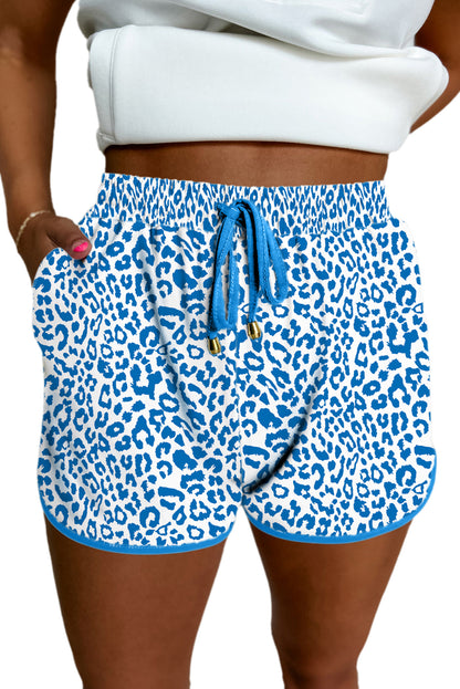 Blue Leopard Elastic Waist Lace up Contrast Trim Casual Shorts