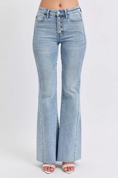 Judy Blue rhinestone flare jeans, Mid rise jeans, Rhinestone jeans, Country concert flare jeans, Judy Blue flare jeans for women, Sparkle jeans for country concert, Flare jeans with rhinestones, Western glam jeans, Festival denim, Jeans to wear with cowboy boots, Tummy Control Jeans